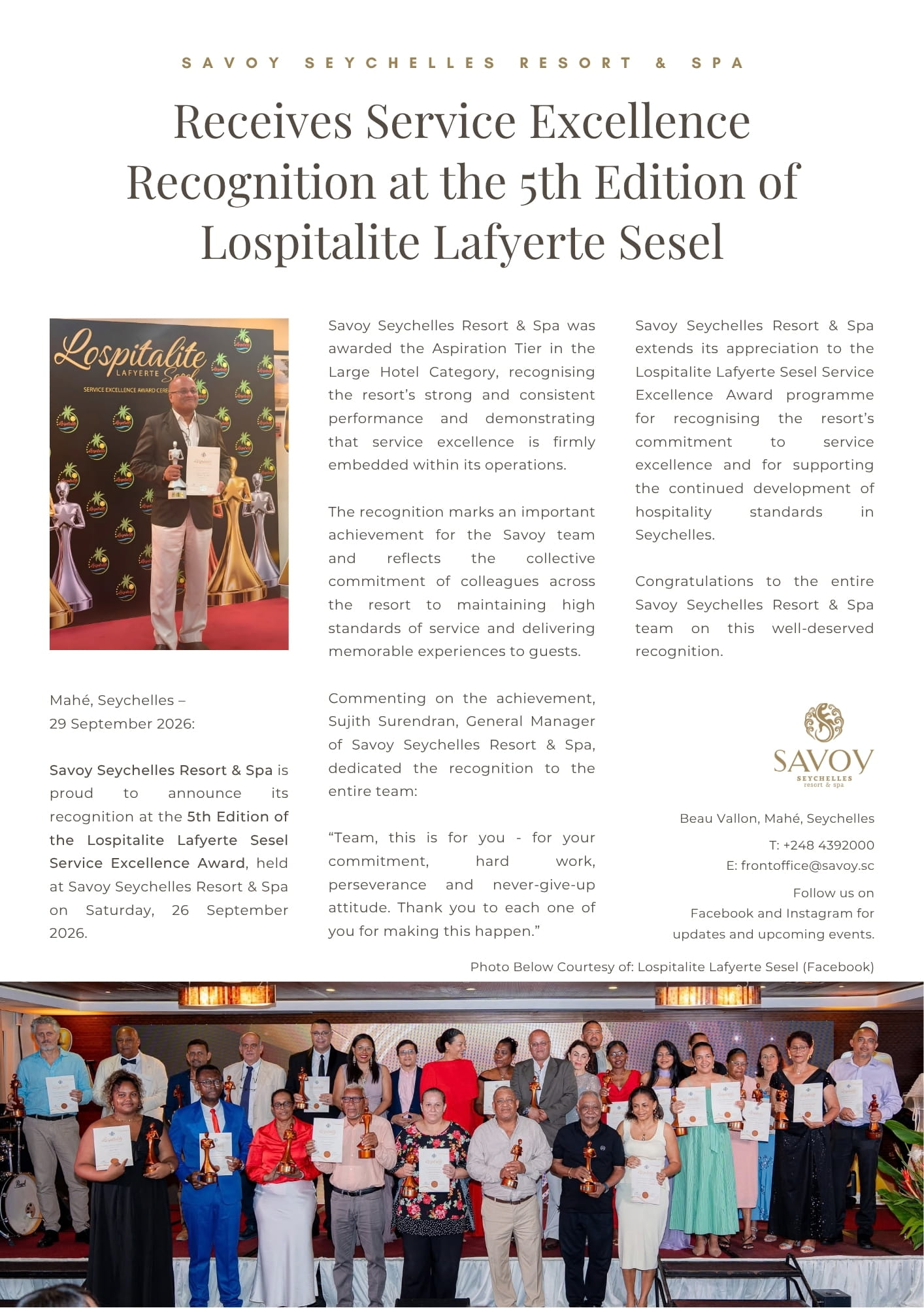 Lospitalite Lafyerte Sesel Service Excellence Award Lospitalite Lafyerte Sesel Service Excellence Award